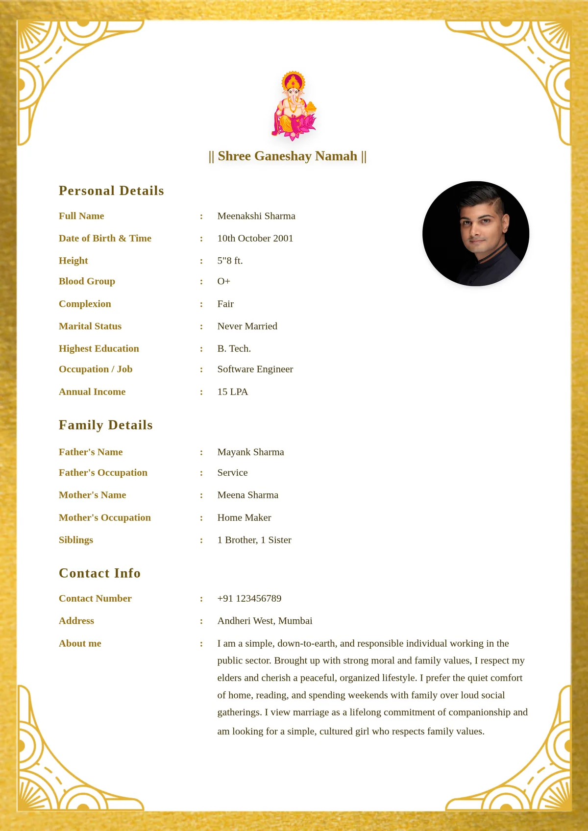Sample About Me section in marriage biodata for boys