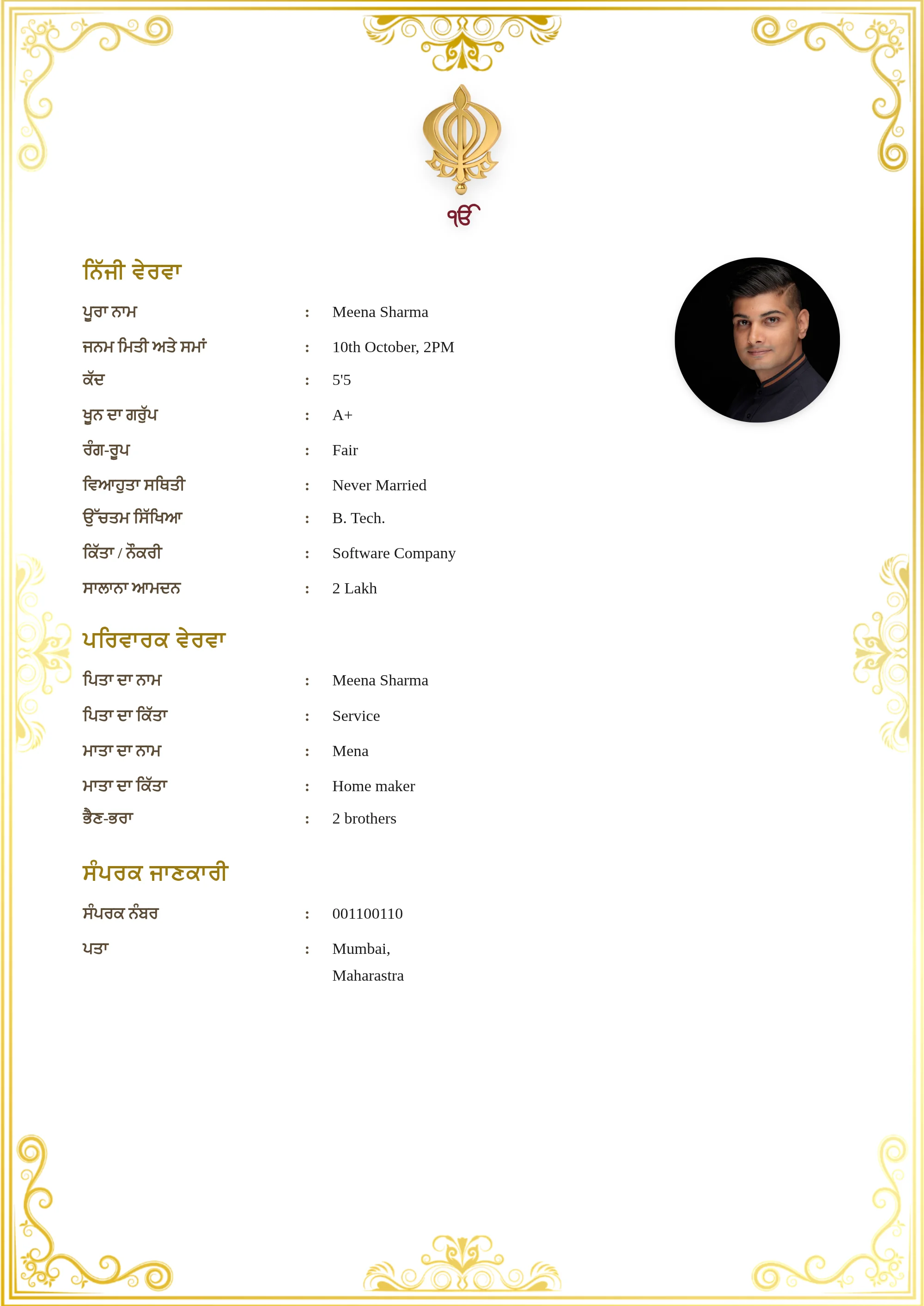 Punjabi boy marriage biodata example template