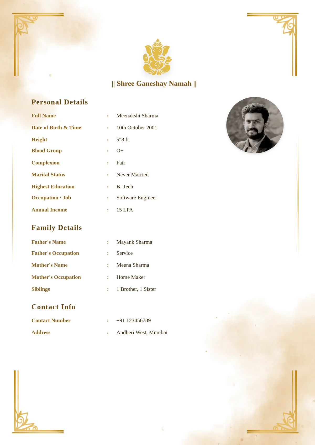 Sample Indian marriage biodata example for boy