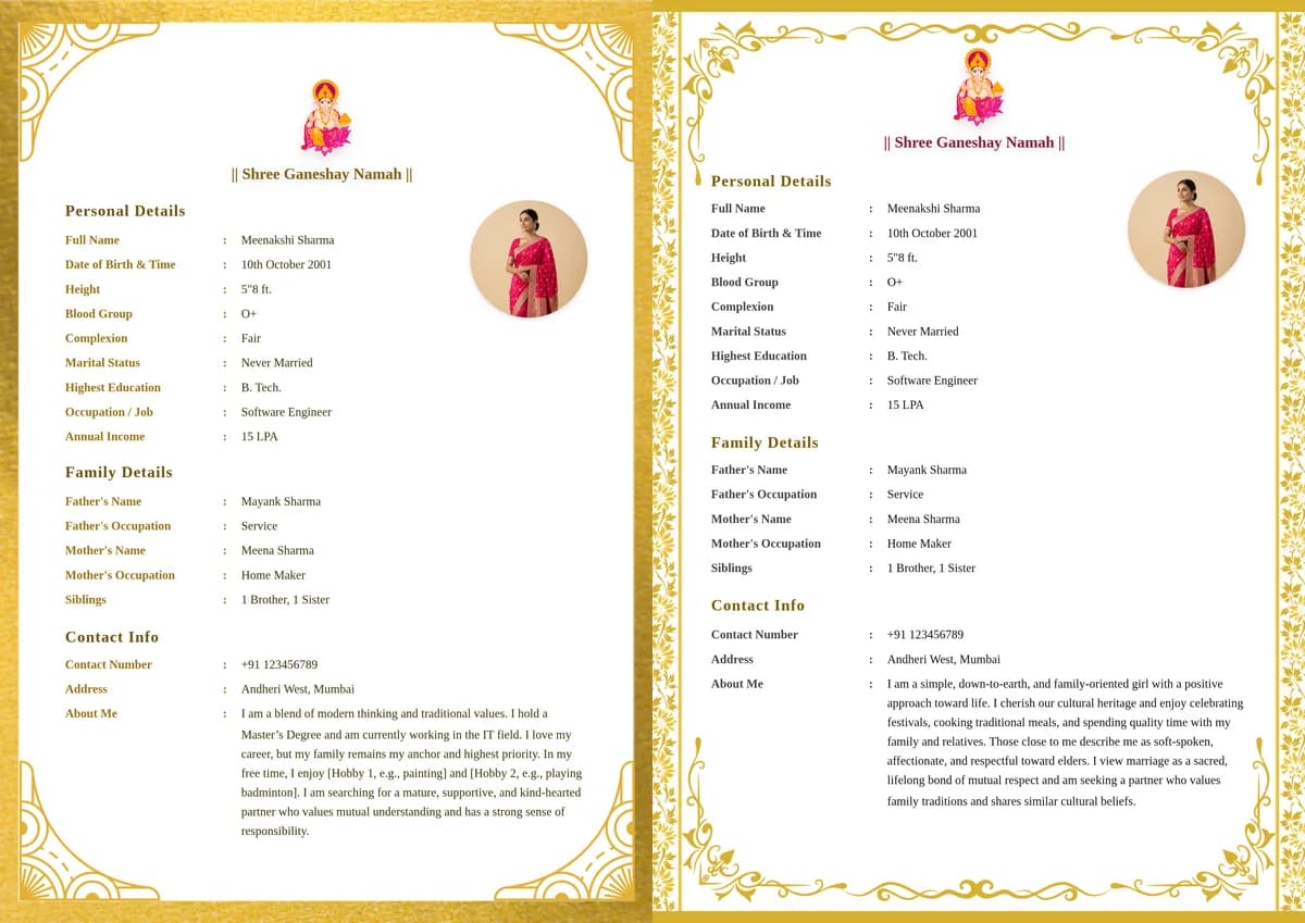 Sample About Me sections for a girl's marriage biodata