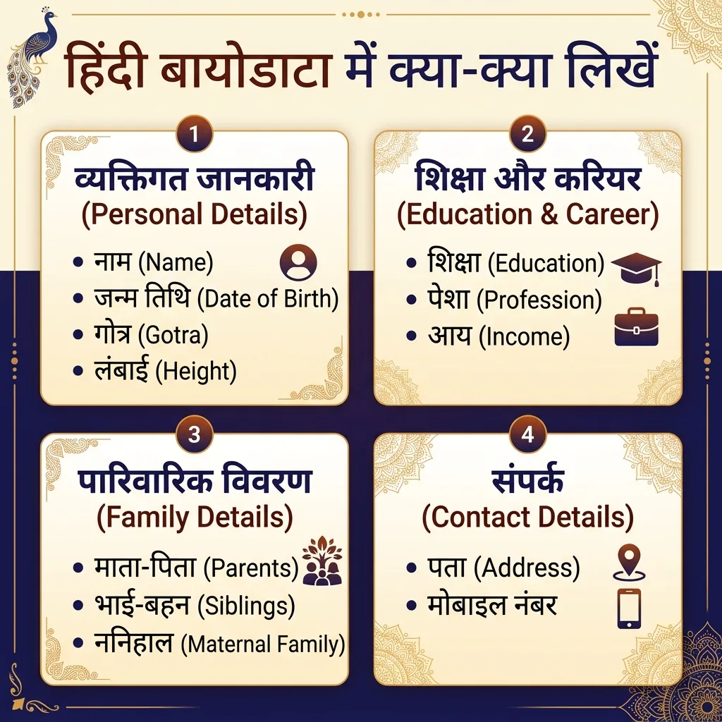 हिंदी बायोडाटा में क्या-क्या लिखें — Hindi biodata fields infographic