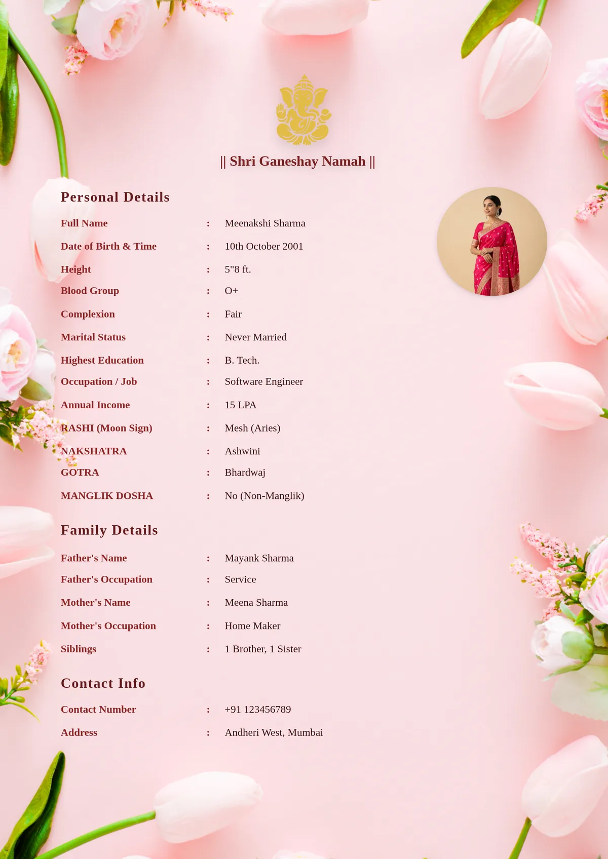 A well-formatted Kundali and Astrology section for a Hindu marriage biodata