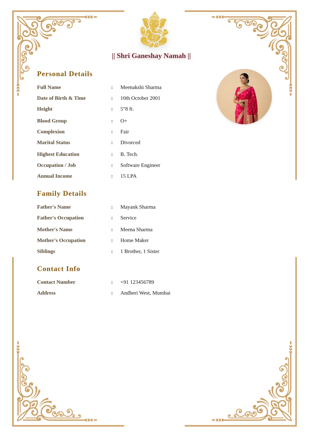Marriage biodata example for second marriage showing Divorced or Widowed marital status