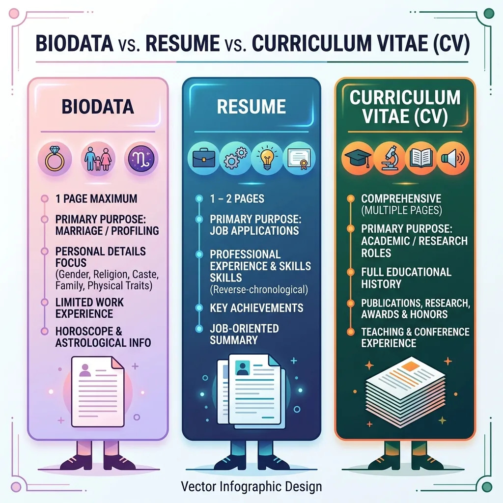 Biodata vs Resume vs CV Comparison Infographic