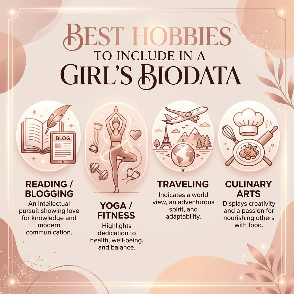 Best hobbies to include in a girl's marriage biodata like Reading, Yoga, Traveling, and Culinary Arts