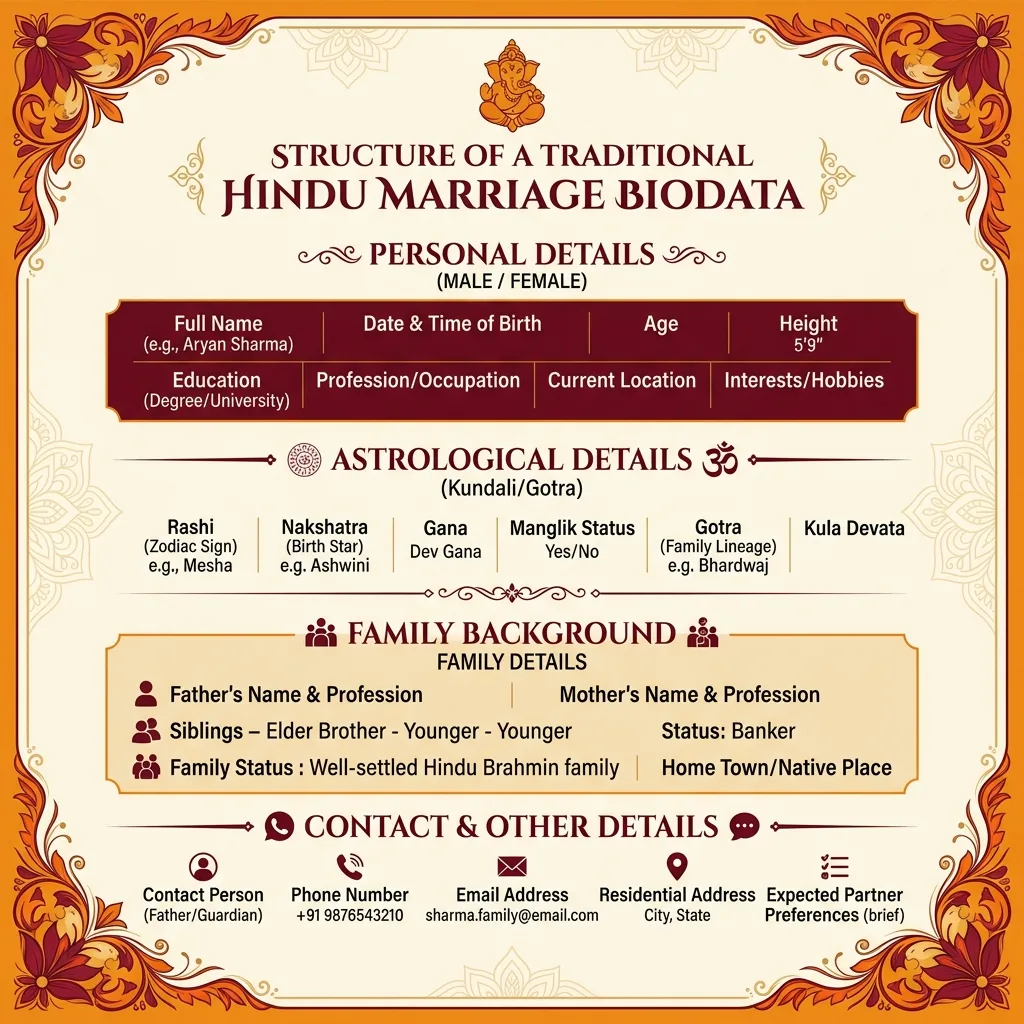 Structure of a traditional Hindu Marriage Biodata with Ganesha icon and clear astrological sections