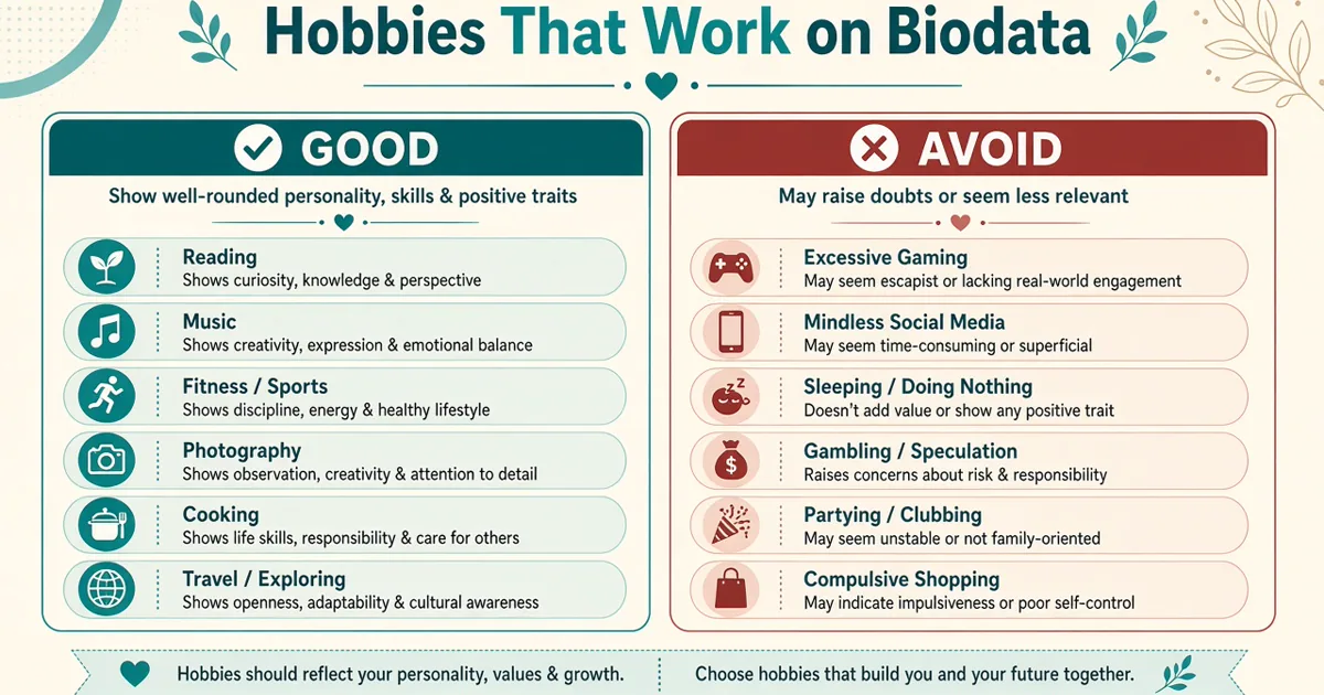 Infographic of good hobbies categories for marriage biodata