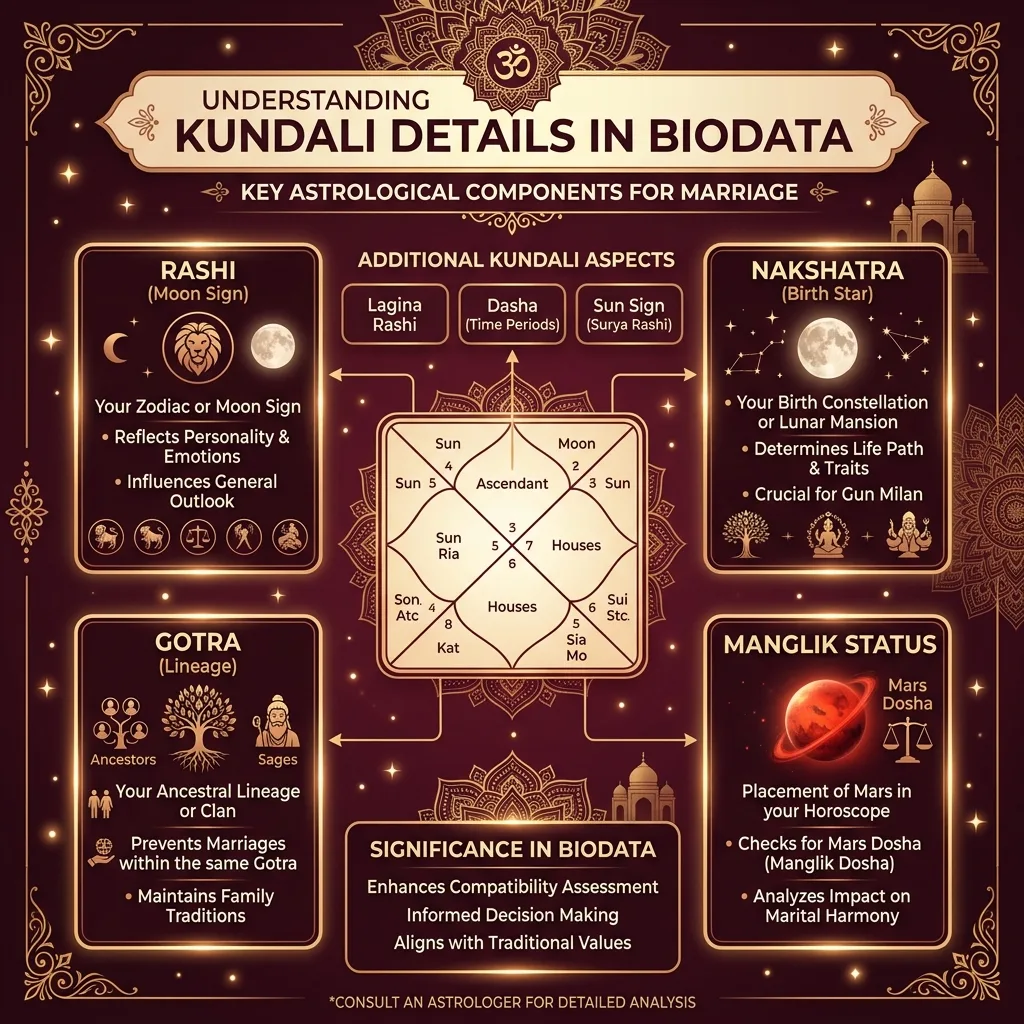 Infographic detailing the key components of Kundali including Rashi, Nakshatra, Gotra, and Manglik Dosha