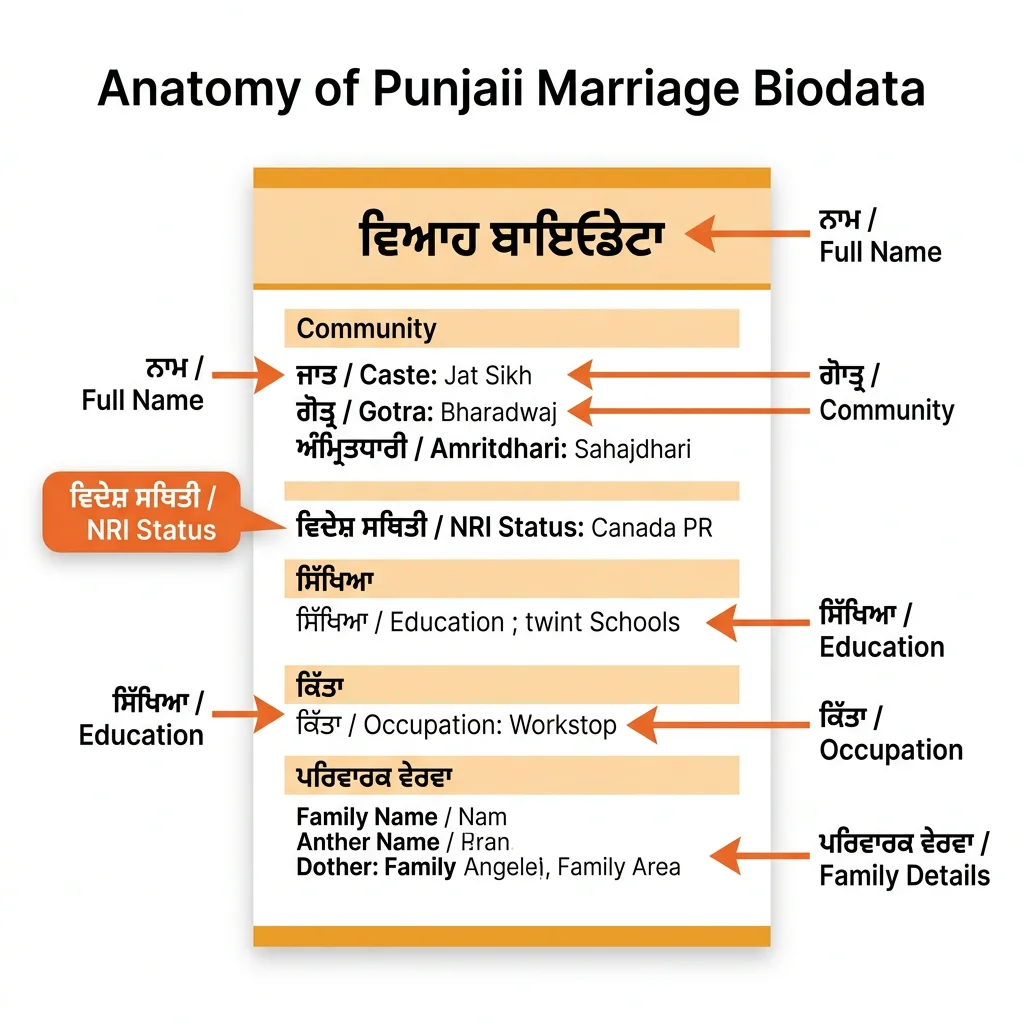 Anatomy of a Punjabi Marriage Biodata — all essential fields labelled