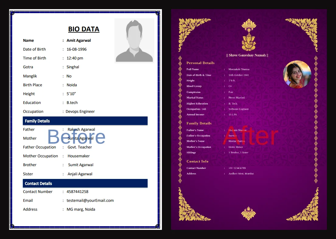 Good vs bad biodata photo example
