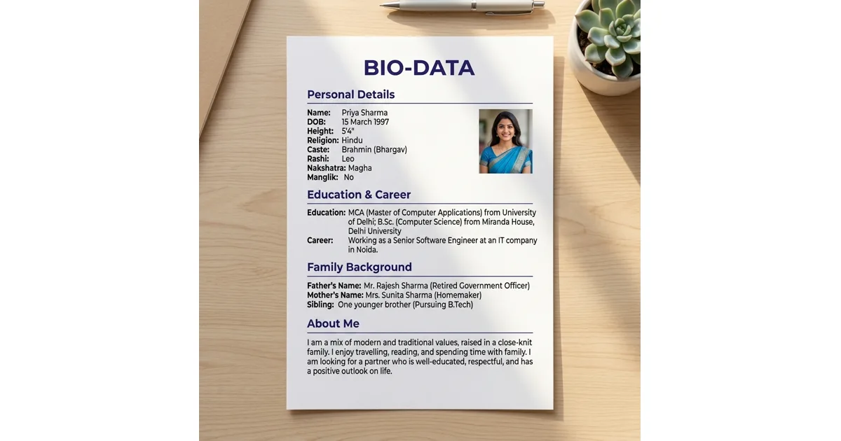Sample Indian marriage biodata layout showing Personal Details, Education and Career, Family Background, and About Me sections