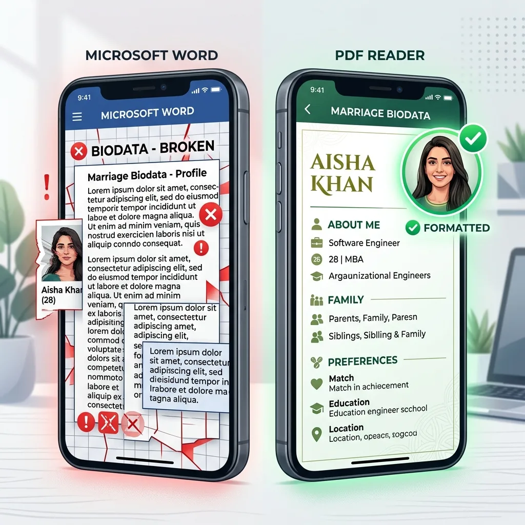 Mobile view of a broken Word document vs perfectly formatted PDF