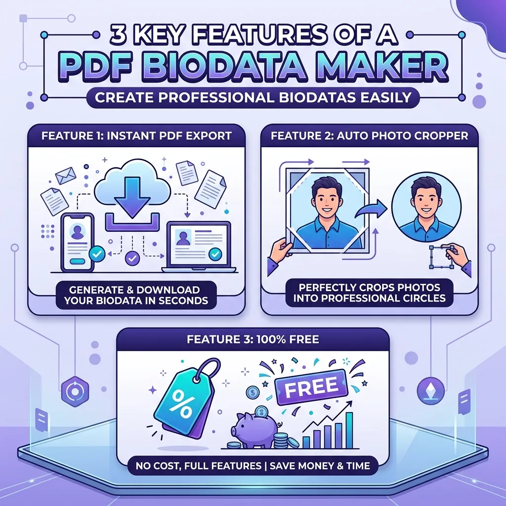 Key features of a PDF biodata maker including instant export, auto cropper, and free tools