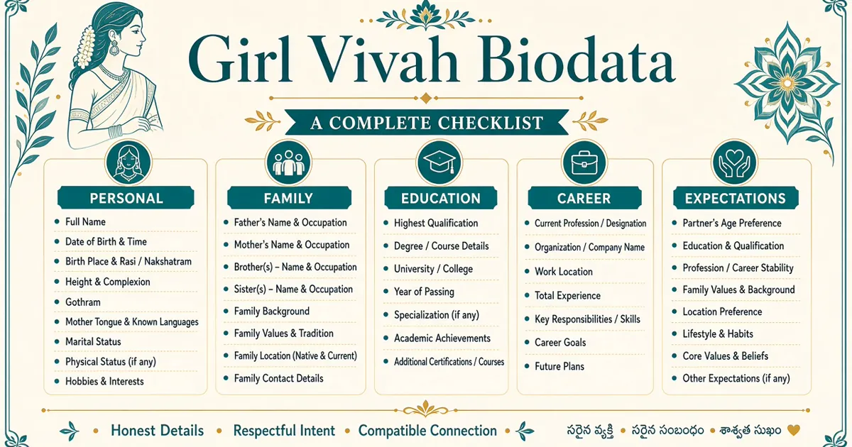 Telugu vivah biodata infographic — fields for girl format