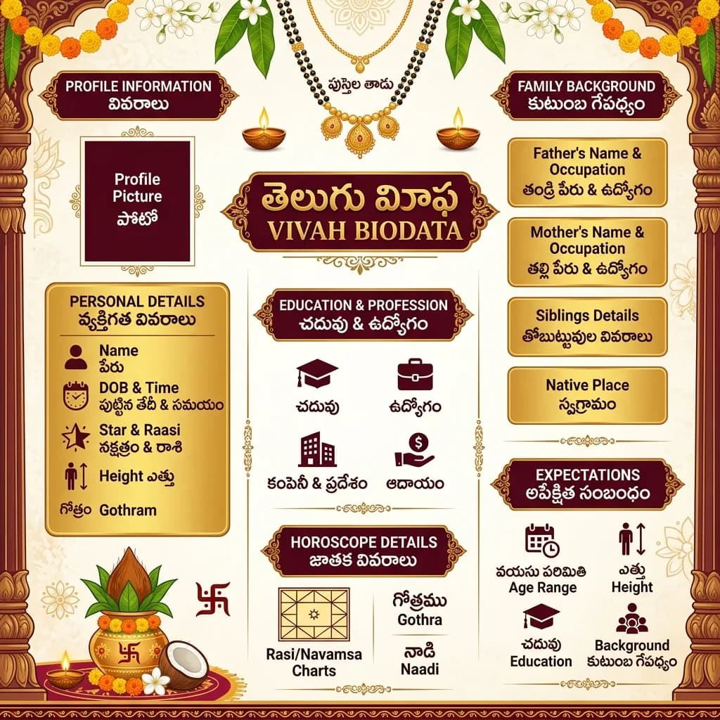 Telugu Vivah Biodata Format infographic showing English and Telugu field translations