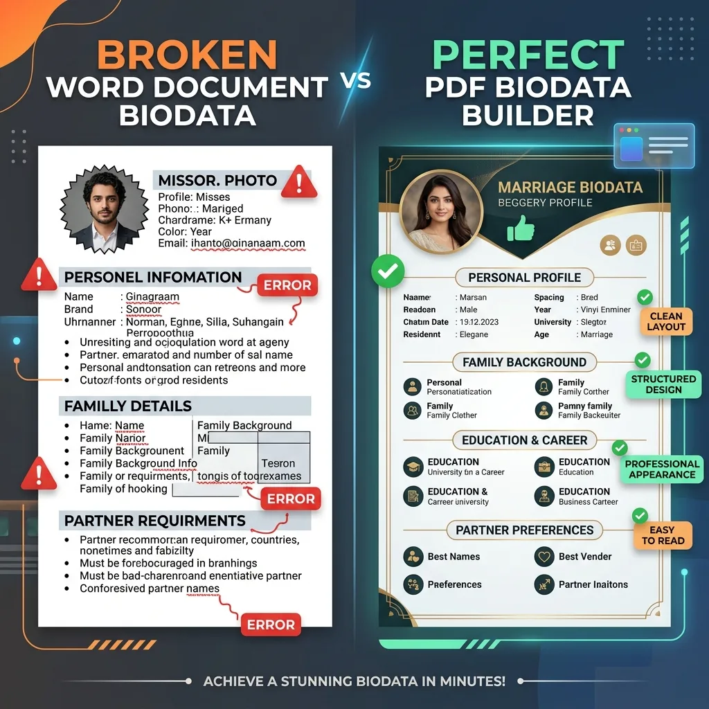 Split screen comparing a broken Word document biodata with formatting errors against a perfect PDF biodata builder output